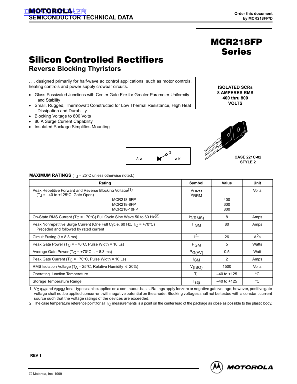 MOTOROLA MCR218FP Series Data Manual, Part 1 User Guide - Page 1
