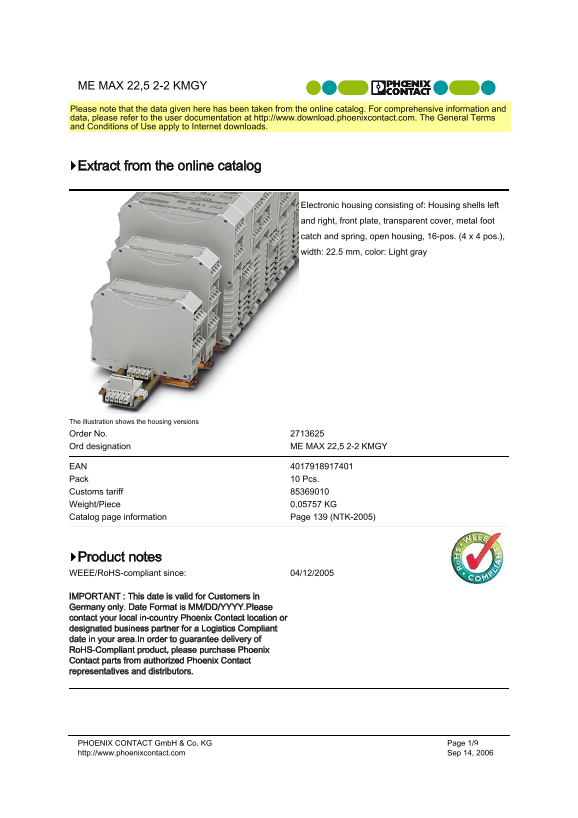 Phoenix Contact ME MAX 22,5 2-2 KMGY Specifications User Guide - Page 1