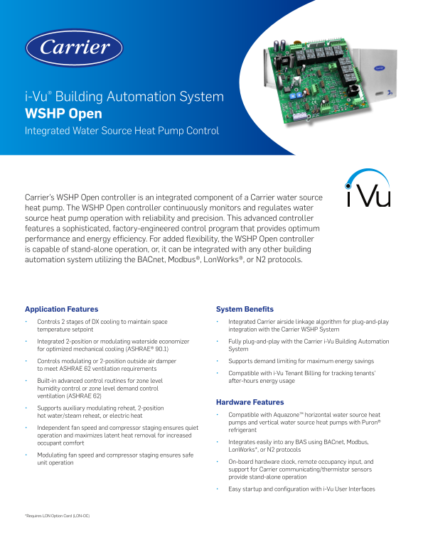 Carrier Aquazone™ Indoor Water-Cooled Large Capacity Water Source Heat Pump 50HQP i-Vu Open WSHP Open Product Data Sheet - Page 1