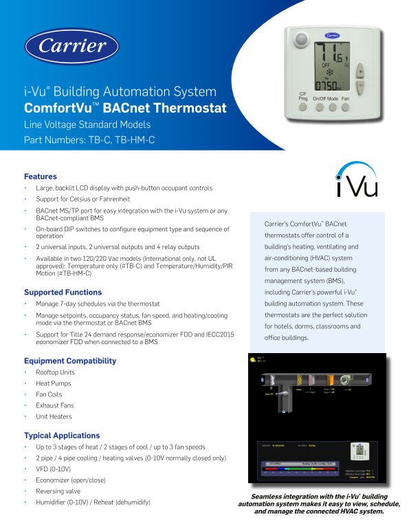 Carrier ComfortVu™ BACnet® Standard Thermostat TB-C ComfortVu™ BACnet Thermostats - Line Voltage Standard Models Product Data - Page 1