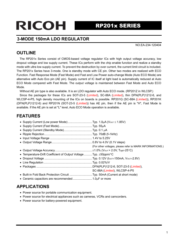 RICOH RP201x SERIES Data Sheet User Guide - Page 1