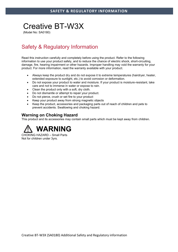 Creative BT-W3X Smart Bluetooth &reg; 5.3 Audio Transmitter With aptX HD - Additional Safety Information Leaflet - Page 1