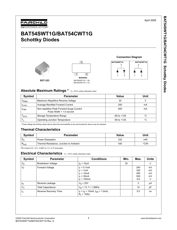Fairchild BAT54SWT1G, BAT54CWT1G Schottky Diodes Data Manual - Page 1
