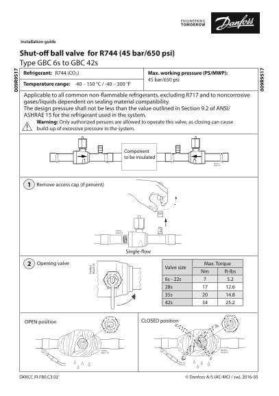 Danfoss GBC Ball Valve - 45 bar for CO2 Applications Installation Guide - Page 1
