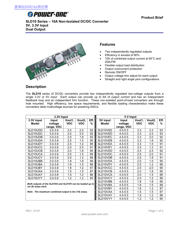 power-one SLD10 Series – 10A Non-Isolated DC DC Converter 5V, 3.3V Input Dual Output User's Manual - Page 1