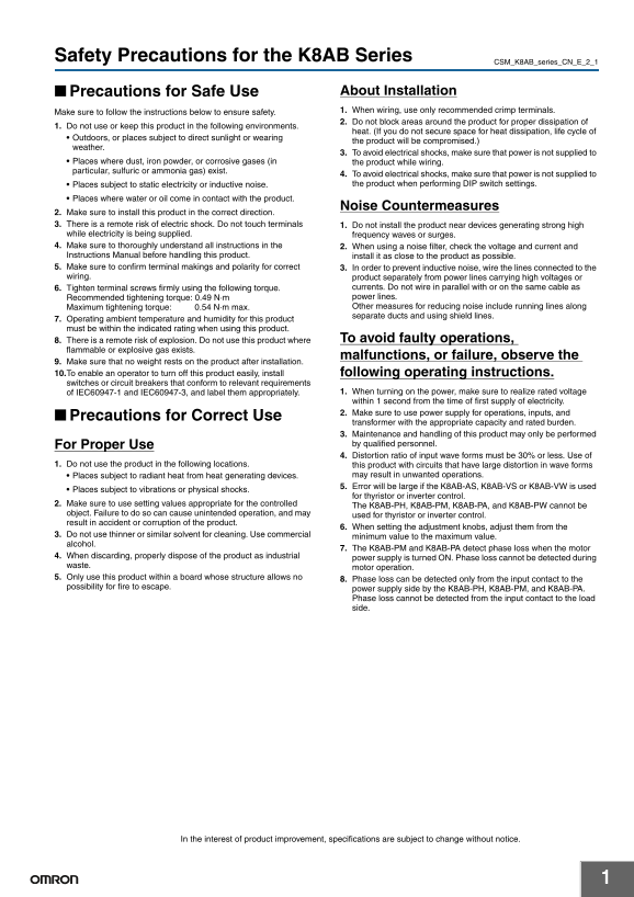 OMRON Power Supply Other Measurement & Monitoring Relay K8AB Series Safety Precautions for the K8AB Series - Page 1