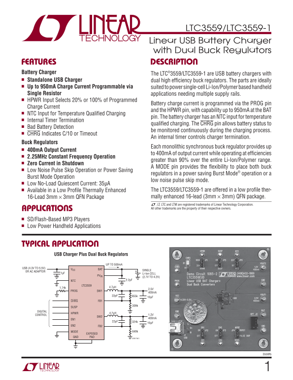 LINEAR TECHNOLOGY - LTC3559 Data Sheet User Guide Manual - Page 1