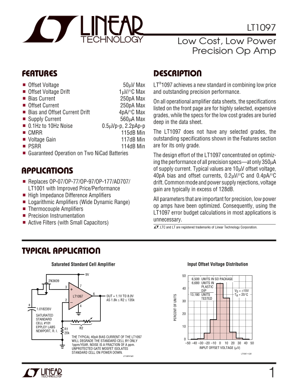 LINEAR TECHNOLOGY - LT1097 Low Cost, Low Power Precision Op Amp User's Manual - Page 1