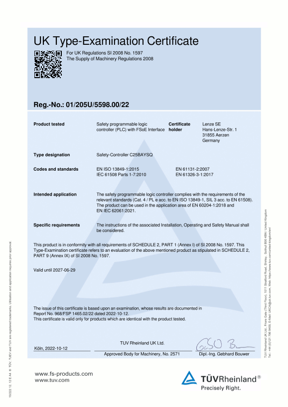 Lenze Safety-Components Safety Controllers Safety Controller c250-S Certificate Safety Engineering UK Type-Examination IO-Module_C25BAYSQ - Page 1