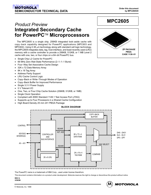 Motorola MPC2605 Product Preview Integrated Secondary Cache for PowerPC Microprocessors User Guide and Data Sheet - Page 1
