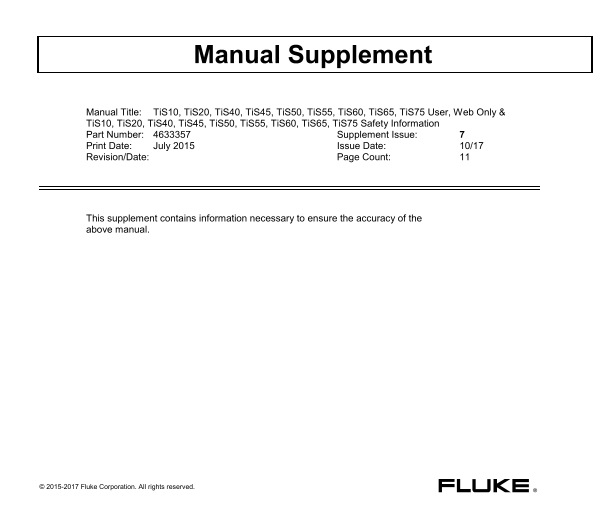 Fluke TiS10 Thermal Imager TiS10, TiS20, TiS40, TiS45, TiS50, TiS60, TiS65, TiS75 User Manual Addendum - Page 1