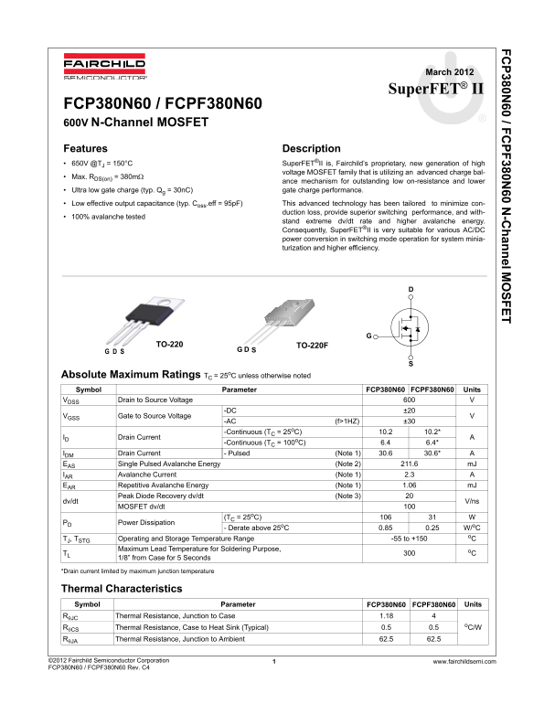 Fairchild FCP380N60 FCPF380N60 User's Manual - Page 1