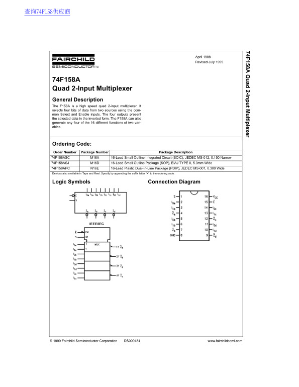 National Semiconductor 74F158A Quad 2-Input Multiplexer Data Sheet - Page 1