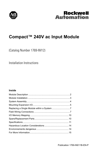 Rockwell Automation 1769-IM12 Installation User's Manual and Instructions - Page 1