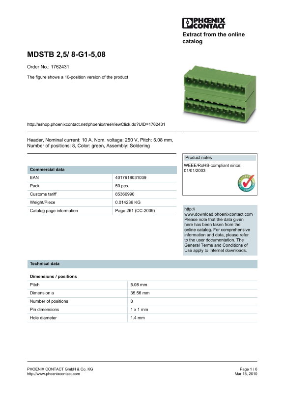 Phoenix Contact MDSTB 2,5 8- G1-5,08 Order No. 1762431 Product Data Sheet Manual - Page 1