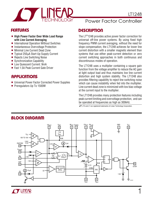 LINEAR TECHNOLOGY LT1248 Power Factor Controller Specifications Data Sheet - Page 1