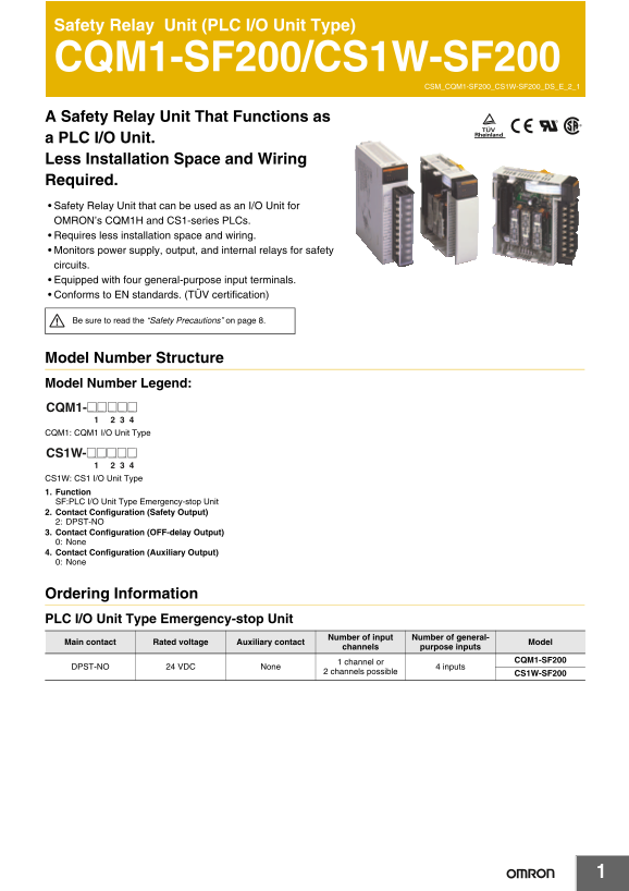OMRON Safety Product CQM1-SF200 CS1W-SF200 Safety Relay Unit (PLC I O Unit Type) Data Sheet - Page 1