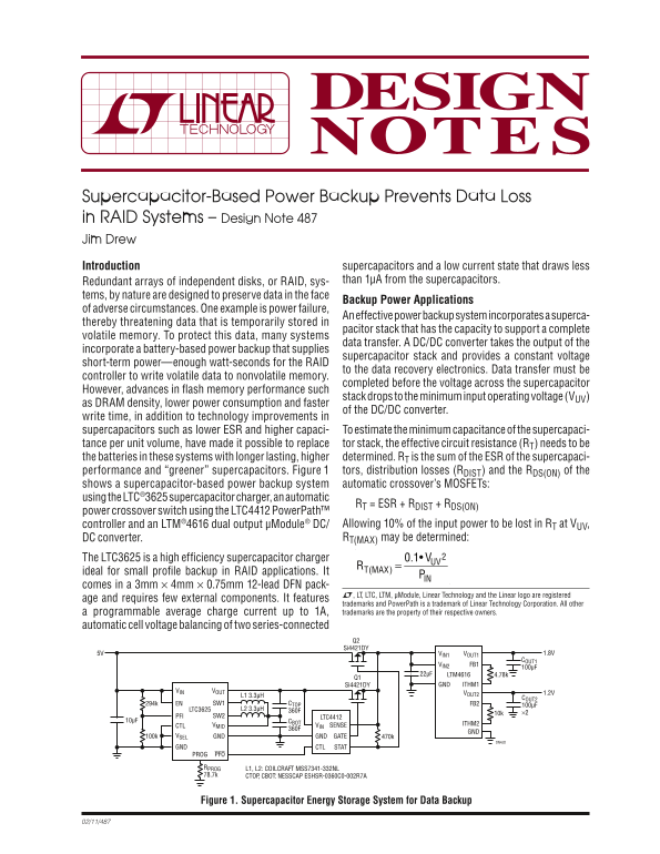 LINEAR Supercapacitor-Based Power Backup for RAID Systems - Design Note 487 by Jim Drew Owner's Manual User Guide - Page 1