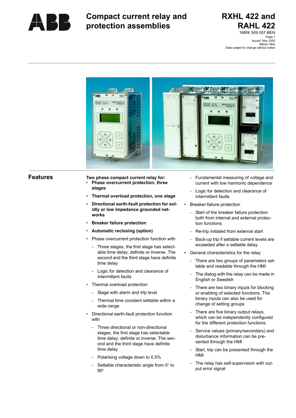 ABB Compact Current Relay and Protection Assemblies RXHL 422, RAHL 422 Datasheet - Page 1
