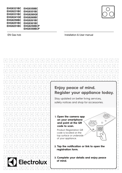 Electrolux 80cm UltimateTaste 500 Built-in Gas Hob, Dual Burner EHG8260GE User Manual - Page 1