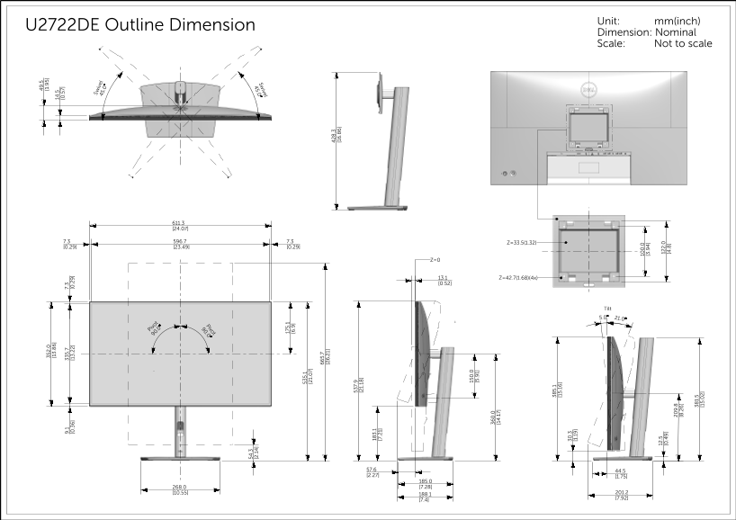Dell U2722DE Outline Dimension Guide - Page 1