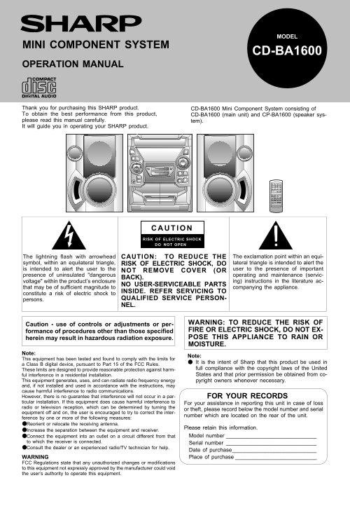 SHARP CD-BA1600 Operation Manual - Page 1