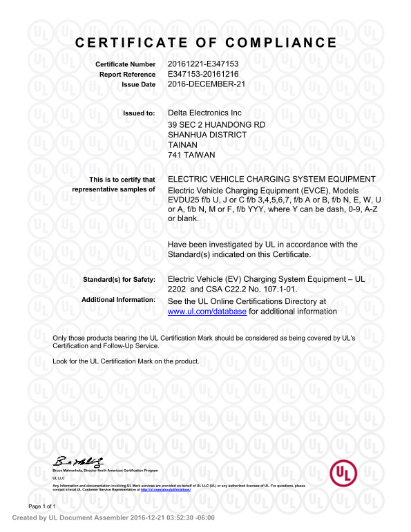 Delta DC Wallbox Certificate of Compliance (E347153) - Page 1