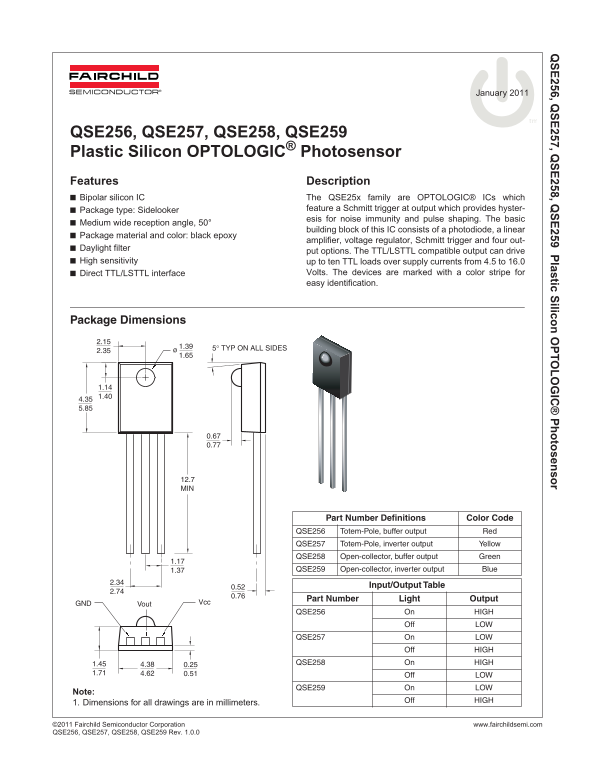 FAIRCHILD QSE256, QSE257, QSE258, QSE259 Silicon Optical Photosensor Data Manual - Page 1