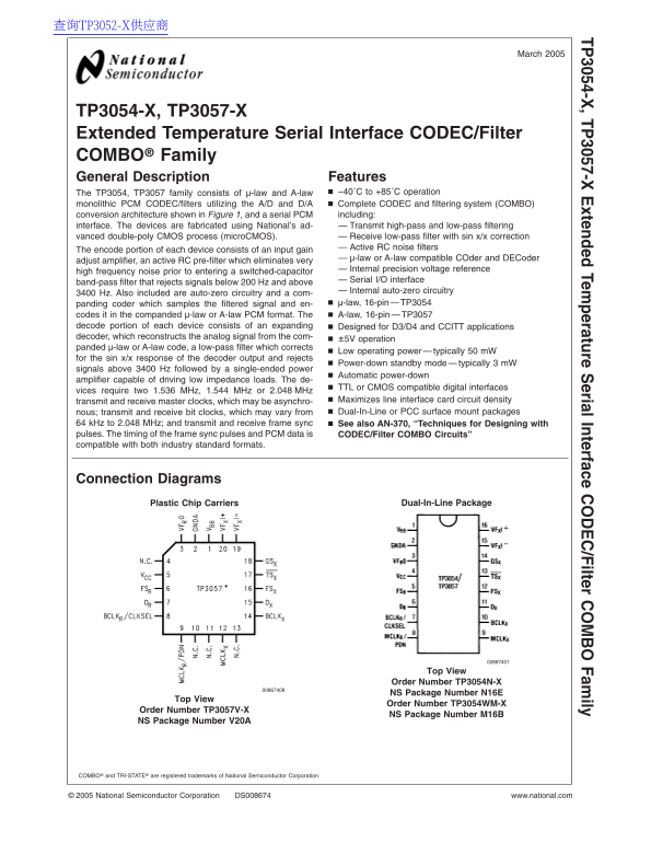 NATIONAL TP3054-X TP3057-X DATA SHEET - Page 1