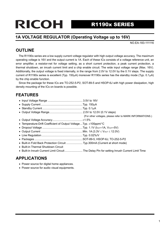 Operating Voltage up to 16V - Ricoh R1190x Series 1A Voltage Regulator Data Manual, Specifications User Guide - Page 1