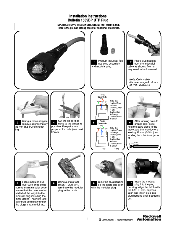 Rockwell Automation 1585BP UTP Plug Installation Instructions - Page 1