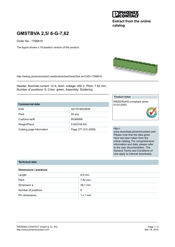 Phoenix Contact GMSTBVA 2.5 6- G- 7,62 Data Sheet/Specifications Manual - Page 1