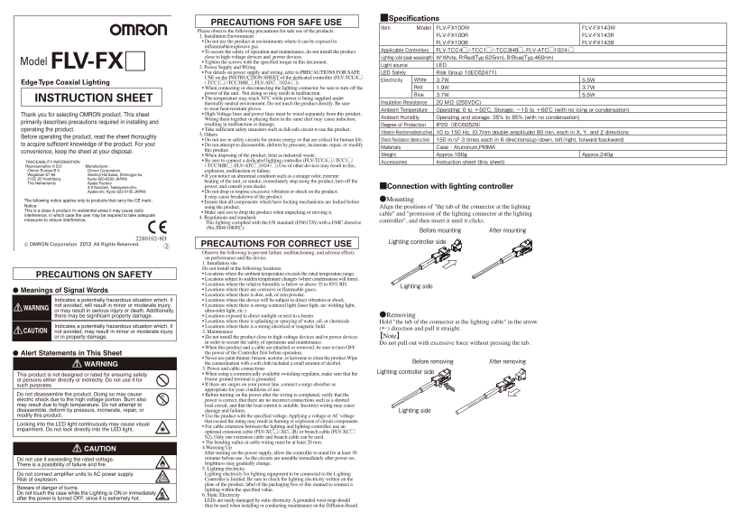 OMRON Sensor Image Processing System FH Series FLV-FX[]Edge Type Coaxial Lighting Instruction Sheet - Page 1