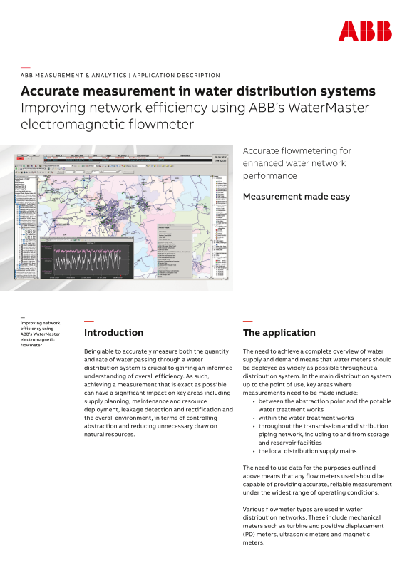 ABB Application Description - Achieving Accurate Measurement in Water Distribution Systems. Improving Network Efficiency Using ABB's WaterMaster Electromagnetic Flowmeter - Page 1