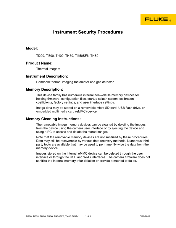 Fluke Ti480 Infrared Camera Ti200, Ti300, Ti400, Ti450, Ti450SF6, Ti480 Memory Volatility Statement - Page 1