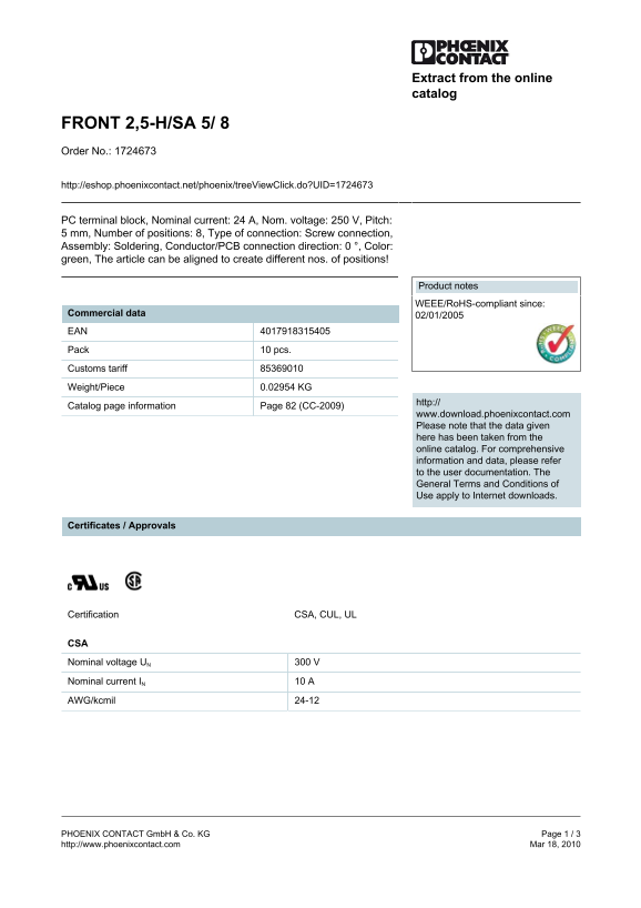 Phoenix Contact FRONT 2.5-4 H SA 5 8 Data Sheet/Manual - Page 1