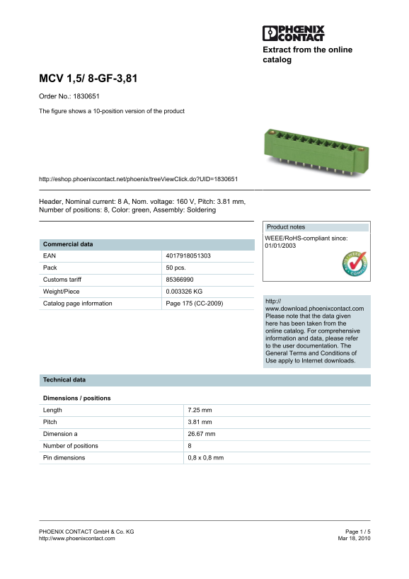 Phoenix Contact MCV 1,5 8-GF-3,81 Data Manual Order No. 1830651 - Page 1