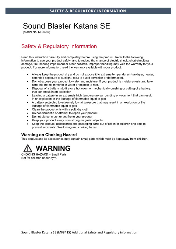 Creative Dual Amplifier Multi-Channel Sound Blaster Katana SE - Safety and Regulatory Information - Page 1