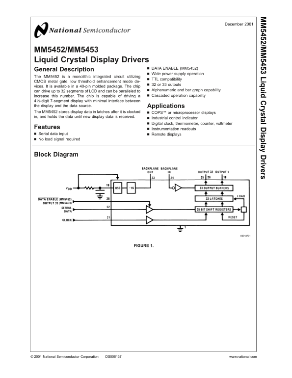 NATIONAL SEMICONDUCTOR MM5452 MM5453 Liquid Crystal Display Drivers - Page 1