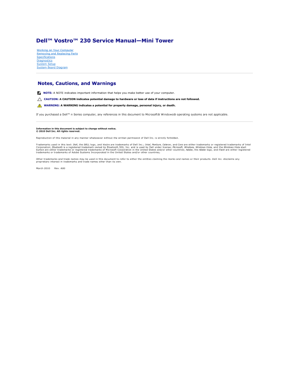 Dell Vostro 230 Service Manual - Mini Tower - Page 1