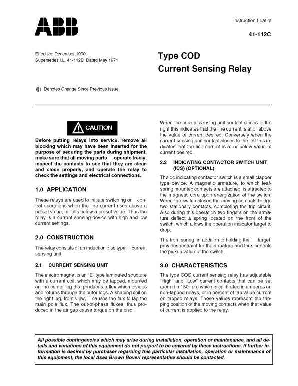 ABB Type COD Current Sensing Relay Instruction Leaflet - Page 1