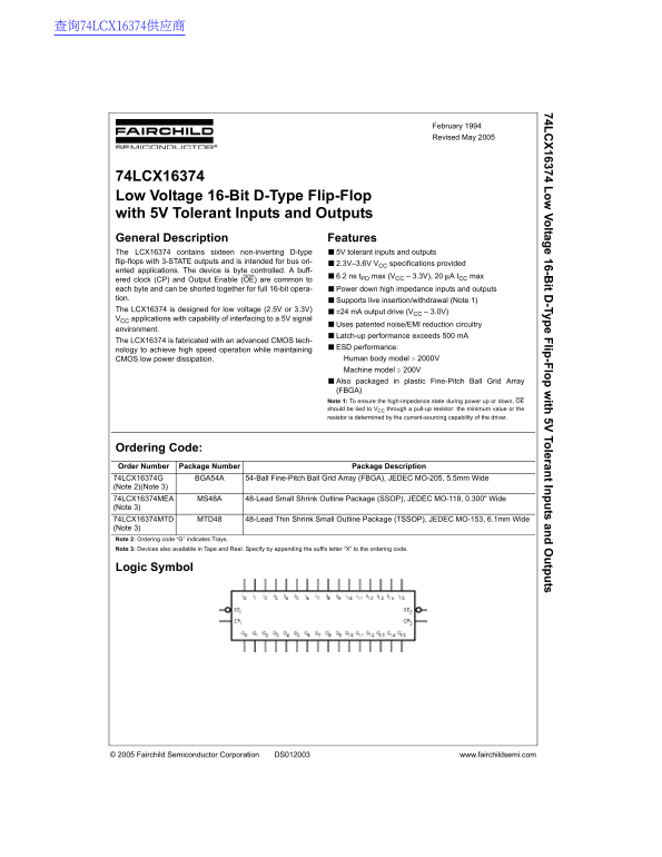 Fairchild 74LCX16374 Low Voltage 16-Bit D-Type Flip-Flop with 5V Tolerant Inputs and Outputs - Data Manual - Page 1