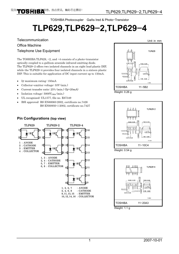 Toshiba Photocoupler GaAs Ired & Photo-Transistor TLP629 User Manual (1), Owner's Manual (1) - Page 1
