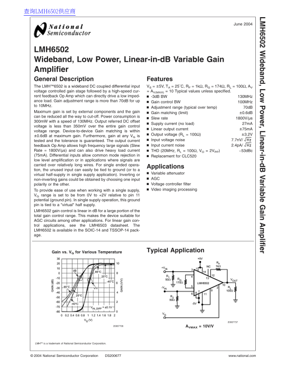 National Semiconductor LMH6502 Wideband, Low Power, Linear-in-dB Variable Gain Amplifier Data Sheet - Page 1