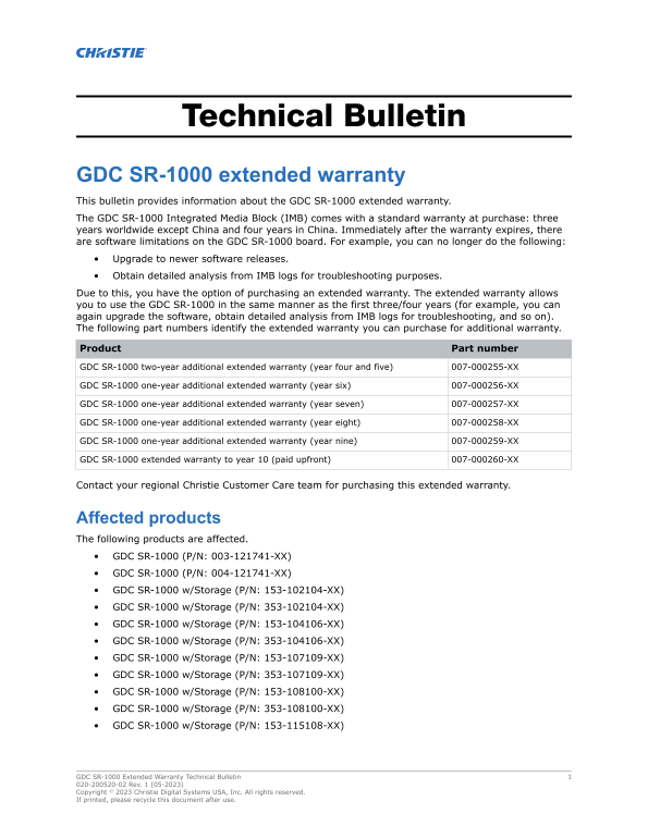 Christie GDC SR-1000 Extended Warranty Technical Bulletin - Page 1