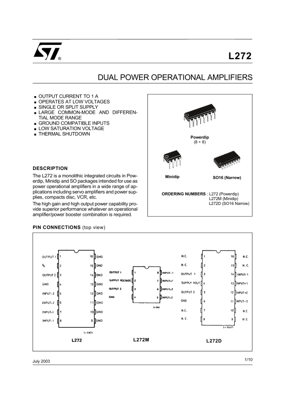 ST L272 July 2003 DUAL POWER OPERATIONAL AMPLIFIERS - Page 1