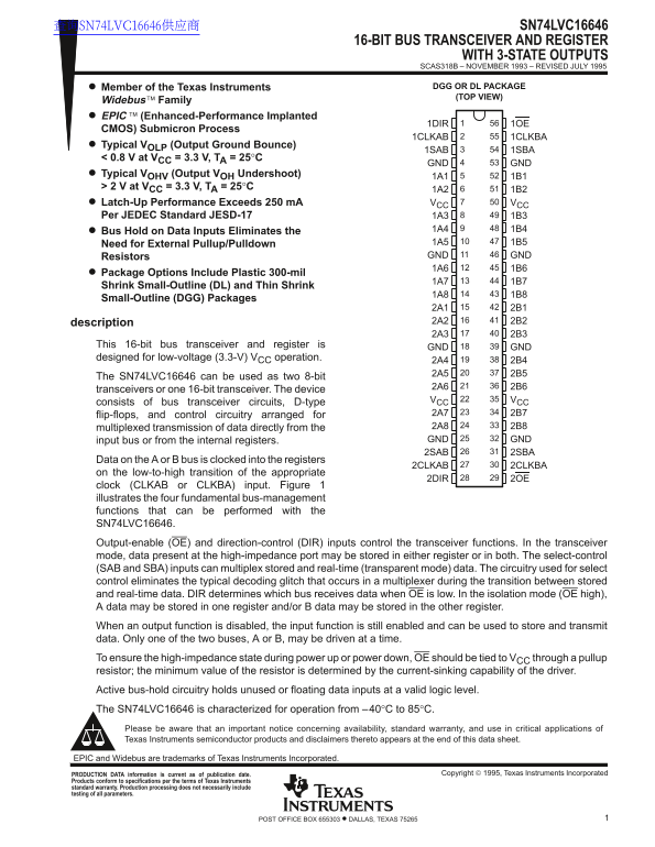 Texas Instruments SN74LVC16646 16-Bit Bus Transceiver and Register with 3-State Outputs - Page 1