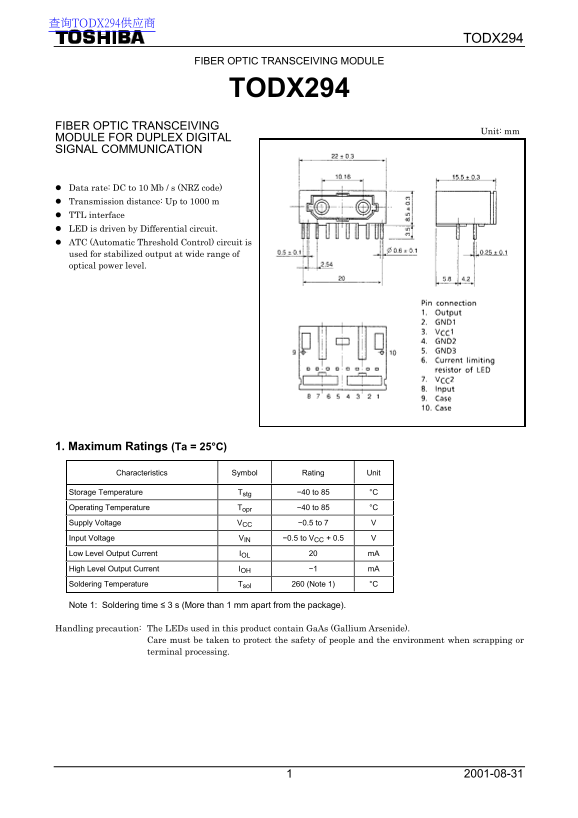 Toshiba Fiber Optic Transceiving Module TODX294 Data Sheet - Page 1