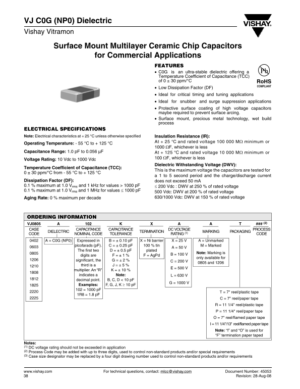 Vishay VJ C0G( NP0) Dielectric Data Sheet - Page 1