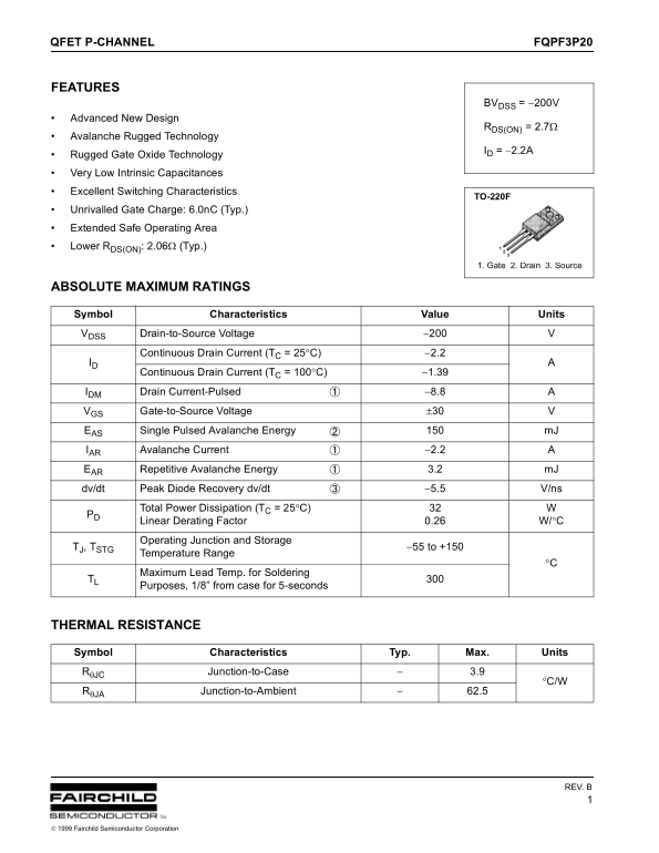Fairchild FQPF3N20 Data Handbook - Page 1